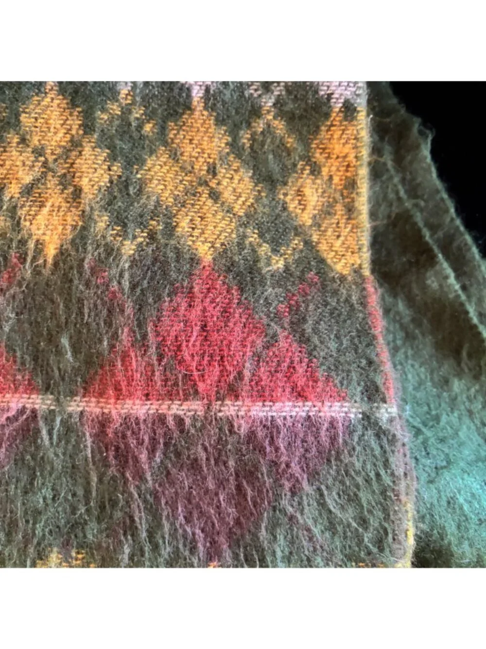 Vintage Scarf Fendi Italy Wool Green Yellow Argyle Plaid Designer Fringe Warm
